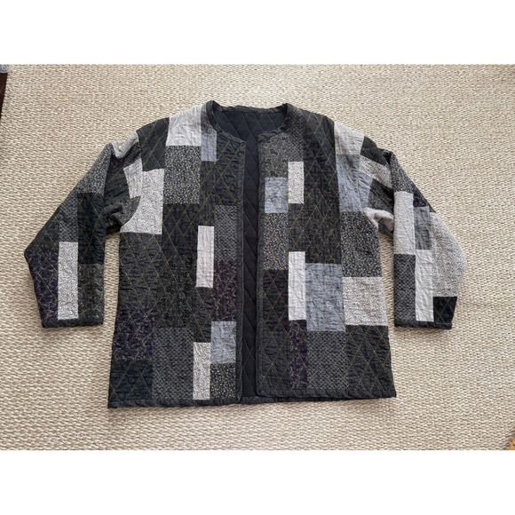 Jackets & Blazers - Handmade Quilted Patchwork Jacket Open Front Cardigan Black Grey Boho XL